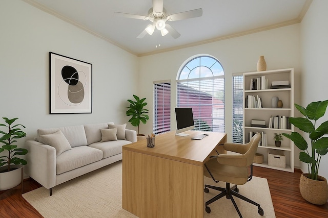 3359 Tenaha Dr, Houston, TX 77014 - office space featuring wood finished floors, crown molding, and a ceiling fan
