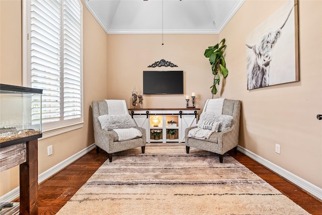 2509 Creektrail Ln, Richmond, TX 77406 - sitting room with dark wood finished floors, lofted ceiling, ornamental molding, and baseboards