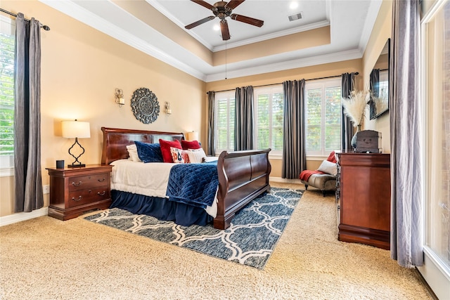 2509 Creektrail Ln, Richmond, TX 77406 - bedroom with ornamental molding, baseboards, a raised ceiling, and a ceiling fan
