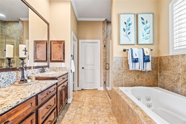 2509 Creektrail Ln, Richmond, TX 77406 - bathroom featuring a stall shower, vanity, a jetted tub, and ornamental molding