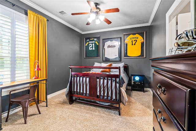 2509 Creektrail Ln, Richmond, TX 77406 - bedroom with carpet, crown molding, baseboards, an office area, and a ceiling fan