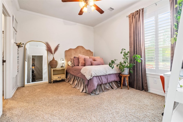 2509 Creektrail Ln, Richmond, TX 77406 - bedroom featuring carpet flooring, crown molding, ceiling fan, and baseboards