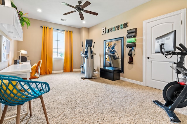 2509 Creektrail Ln, Richmond, TX 77406 - workout area with ceiling fan, baseboards, carpet flooring, and recessed lighting