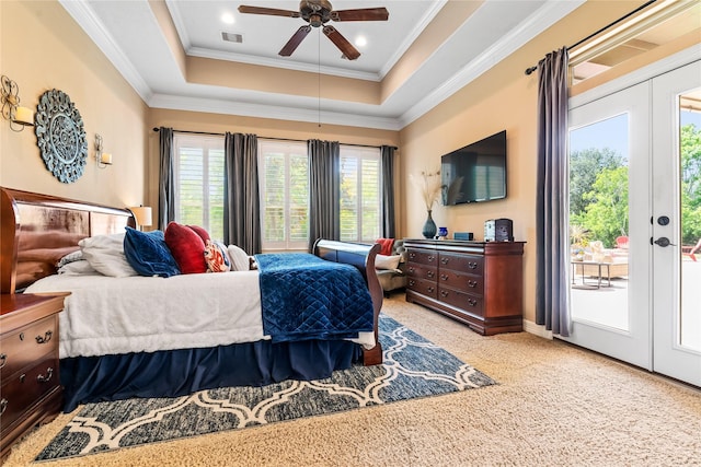 2509 Creektrail Ln, Richmond, TX 77406 - carpeted bedroom with access to outside, ornamental molding, a tray ceiling, and ceiling fan