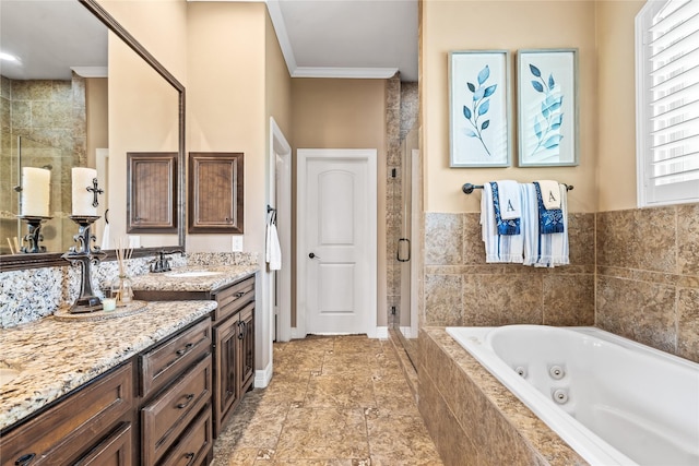 2509 Creektrail Ln, Richmond, TX 77406 - bathroom featuring a shower stall, vanity, a tub with jets, and ornamental molding