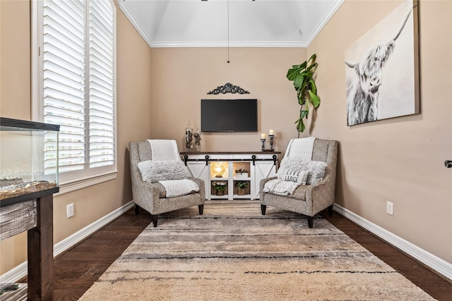 2509 Creektrail Ln, Richmond, TX 77406 - sitting room featuring lofted ceiling, dark wood-type flooring, crown molding, and baseboards