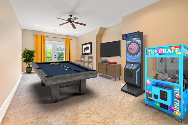 2509 Creektrail Ln, Richmond, TX 77406 - recreation room featuring carpet, a ceiling fan, billiards, baseboards, and french doors