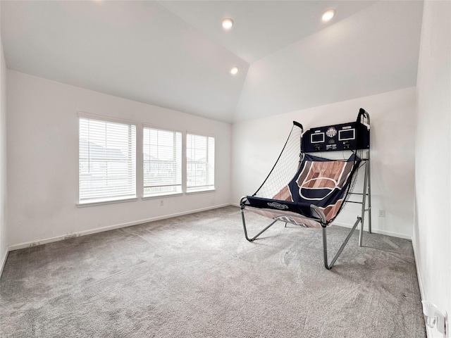 5667 Foggy Vine Ct, Fulshear, TX 77441 - exercise area with carpet, lofted ceiling, baseboards, and recessed lighting