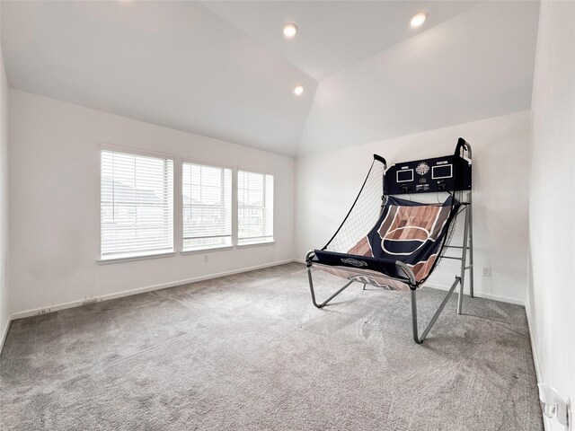 5667 Foggy Vine Ct, Fulshear, TX 77441 - exercise room featuring carpet flooring, lofted ceiling, and recessed lighting