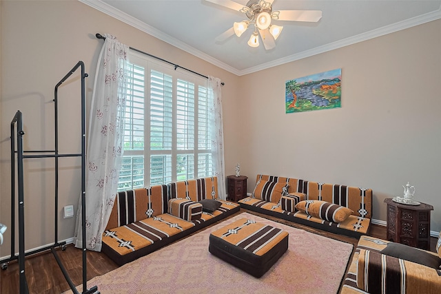 24623 Forest Hiker Ct, Katy, TX 77493 - living room featuring dark wood-type flooring, crown molding, and ceiling fan