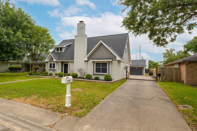 1509 Chestnut Ln, Richmond, TX 77469 - view of front facade featuring a gate, roof with shingles, brick siding, and a chimney