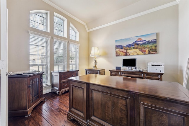 28915 Davenport Dr, Katy, TX 77494 - office with crown molding and dark wood-style floors