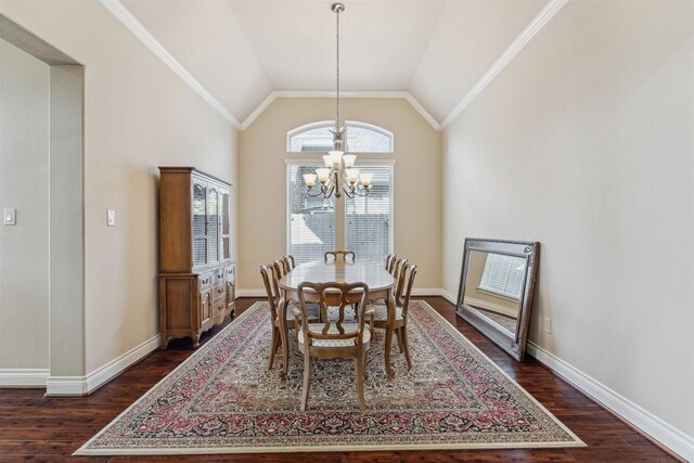 28915 Davenport Dr, Katy, TX 77494 - dining space with a chandelier, dark wood-style floors, baseboards, and high vaulted ceiling