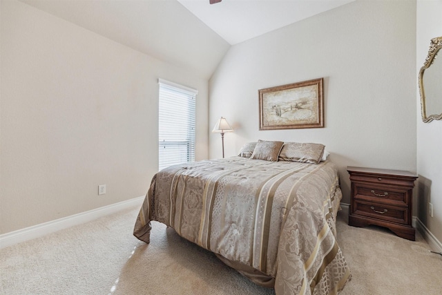 28915 Davenport Dr, Katy, TX 77494 - bedroom featuring light carpet, baseboards, vaulted ceiling, and ceiling fan