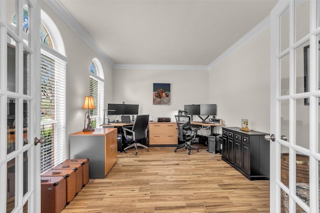 6406 Pine Reserve Dr, Spring, TX 77389 - office space with french doors, ornamental molding, and light wood finished floors