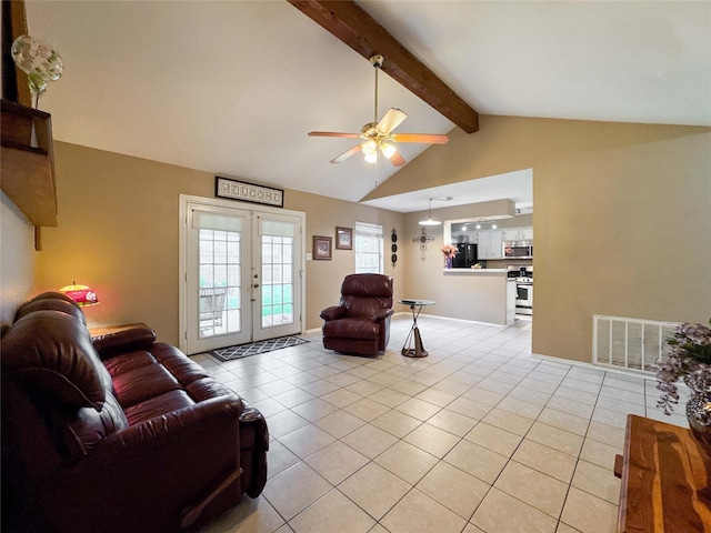 720 E Murray St, Angleton, TX 77515 - living room featuring a ceiling fan, light tile patterned flooring, and french doors