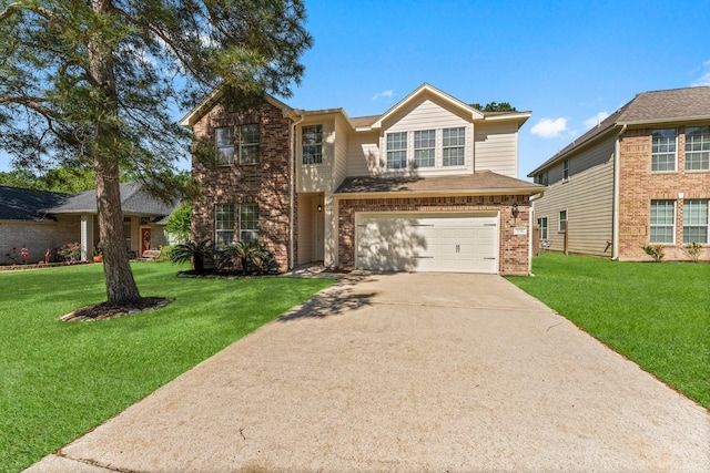 235 Doncaster St, Conroe, TX 77303 - traditional home with brick siding, driveway, a front yard, and a garage