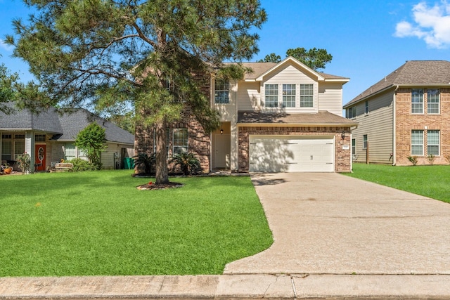 235 Doncaster St, Conroe, TX 77303 - traditional-style house with concrete driveway, a garage, brick siding, and a front lawn