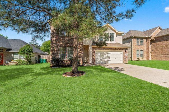 235 Doncaster St, Conroe, TX 77303 - view of front facade featuring concrete driveway, brick siding, a front yard, and an attached garage
