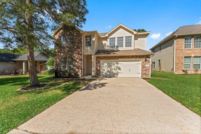 235 Doncaster St, Conroe, TX 77303 - traditional-style house with brick siding, concrete driveway, a front yard, and an attached garage