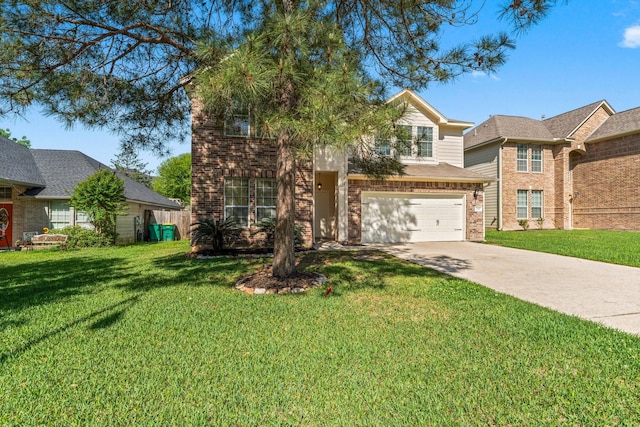 235 Doncaster St, Conroe, TX 77303 - view of front facade featuring driveway, brick siding, a garage, and a front lawn