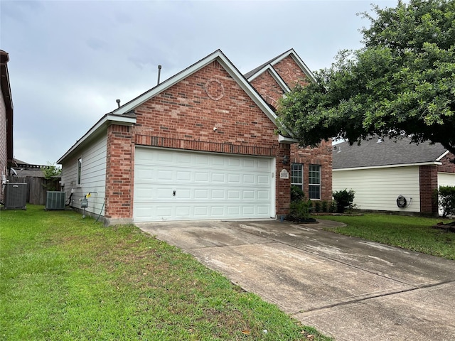 20314 Paso Fino Dr, Humble, TX 77338 - view of front of home featuring cooling unit, brick siding, concrete driveway, and a front yard