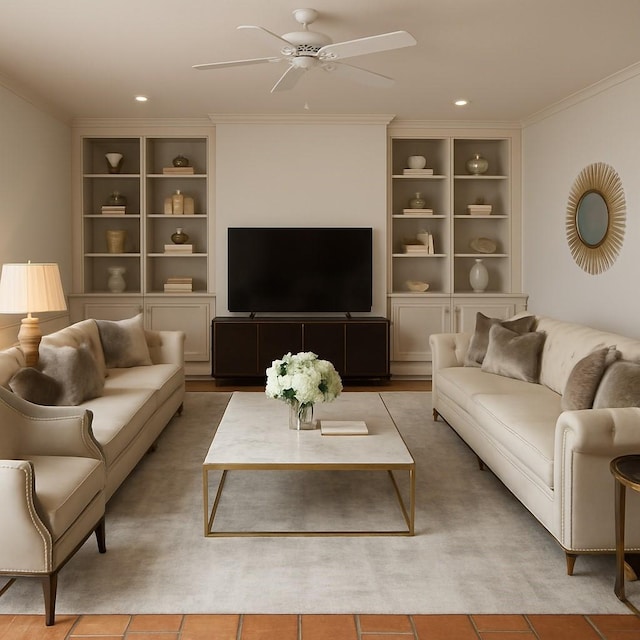 4703 Yoakum Blvd, Houston, TX 77006 - tiled living room featuring ceiling fan, built in features, crown molding, and recessed lighting