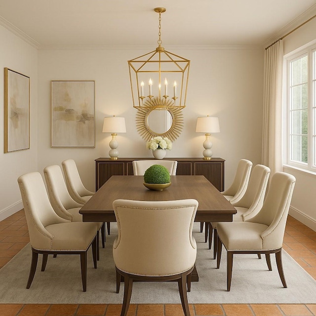 4703 Yoakum Blvd, Houston, TX 77006 - dining area with a chandelier, ornamental molding, and light tile patterned floors