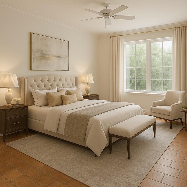 4703 Yoakum Blvd, Houston, TX 77006 - tiled bedroom with crown molding and a ceiling fan