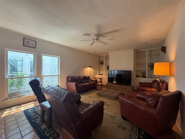 4703 Yoakum Blvd, Houston, TX 77006 - living room featuring built in features, crown molding, and a ceiling fan