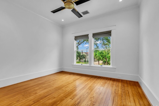 501 Avondale St, Houston, TX 77006 - empty room featuring ornamental molding, light wood-type flooring, baseboards, ceiling fan, and recessed lighting