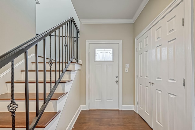 503 E 40th 1/2 St Unit A, Houston, TX 77022 - entrance foyer with ornamental molding, dark wood-style floors, stairs, and baseboards