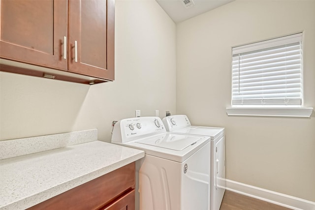 503 E 40th 1/2 St Unit A, Houston, TX 77022 - laundry area with cabinet space, washer and dryer, baseboards, and wood finished floors