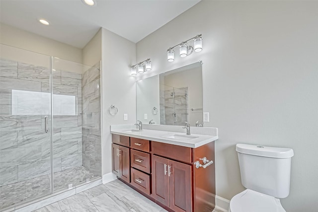 503 E 40th 1/2 St Unit A, Houston, TX 77022 - full bath with toilet, double vanity, a shower stall, recessed lighting, and marble look tiles