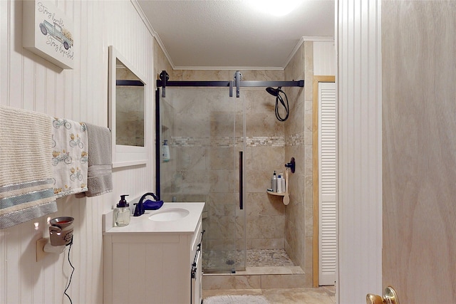 1321 Pickney Ave, Port Bolivar, TX 77650 - bathroom featuring a stall shower, crown molding, vanity, and a closet