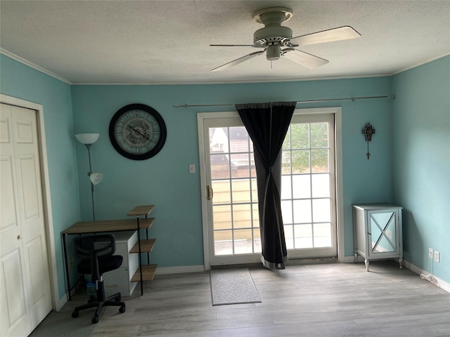14515 N Wunderlich Dr Unit 315, Houston, TX 77069 - doorway with a textured ceiling, wood finished floors, a ceiling fan, crown molding, and baseboards