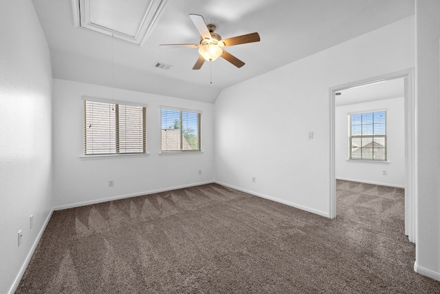18719 Big Elm Dr, Cypress, TX 77433 - spare room with attic access, a ceiling fan, carpet, plenty of natural light, and lofted ceiling