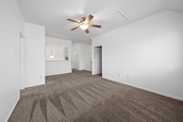18719 Big Elm Dr, Cypress, TX 77433 - unfurnished living room featuring attic access, ceiling fan, carpet floors, and baseboards