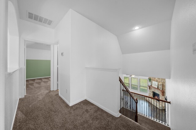 18719 Big Elm Dr, Cypress, TX 77433 - hall featuring carpet floors, an upstairs landing, baseboards, and lofted ceiling