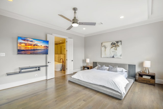 5420 Mcculloch Cir, Houston, TX 77056 - bedroom with ornamental molding, wood finished floors, baseboards, recessed lighting, and a ceiling fan