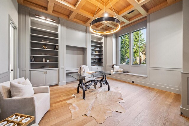1314 Richelieu Ln, Houston, TX 77018 - home office featuring wood ceiling with exposed beams, built in shelves, light wood-type flooring, coffered ceiling, and a decorative wall