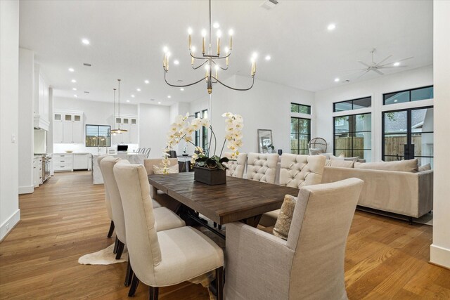 1314 Richelieu Ln, Houston, TX 77018 - dining area with a chandelier, recessed lighting, light wood finished floors, and a ceiling fan