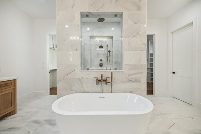 1314 Richelieu Ln, Houston, TX 77018 - full bath with a soaking tub, a walk in shower, vanity, and marble finish floors