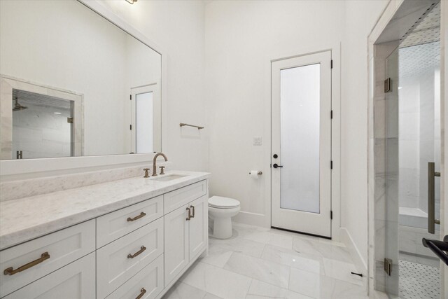 1314 Richelieu Ln, Houston, TX 77018 - full bath featuring vanity, a stall shower, toilet, and marble look tiles
