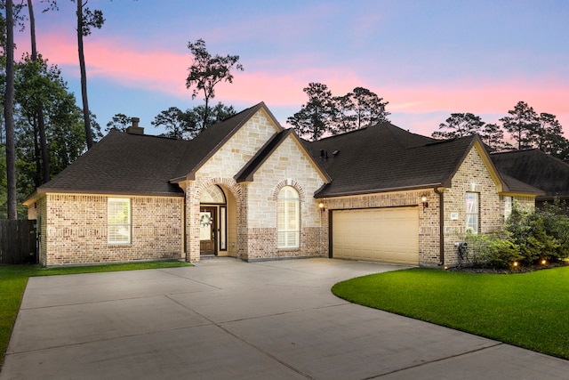 813 Woodland Ct, Conroe, TX 77302 - french country home featuring concrete driveway, a garage, a shingled roof, and a front yard