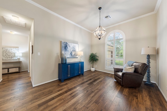 813 Woodland Ct, Conroe, TX 77302 - living area featuring dark wood-style floors, ornamental molding, baseboards, and a chandelier