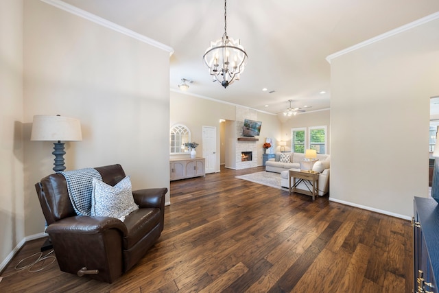 813 Woodland Ct, Conroe, TX 77302 - living room with dark wood-type flooring, a chandelier, crown molding, ceiling fan, and a fireplace