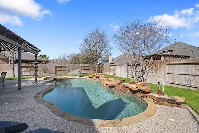18430 S Settlers Shore Dr, Cypress, TX 77433 - view of pool featuring a fenced backyard, a patio area, and a pool with connected hot tub