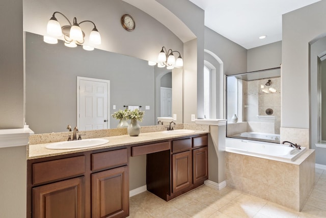 18430 S Settlers Shore Dr, Cypress, TX 77433 - bathroom featuring a garden tub, double vanity, tile patterned flooring, and a tile shower