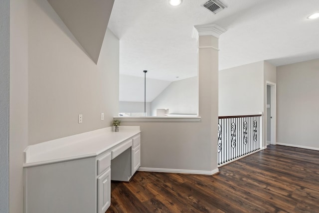 18430 S Settlers Shore Dr, Cypress, TX 77433 - hall featuring dark wood-style floors, baseboards, a desk, recessed lighting, and lofted ceiling